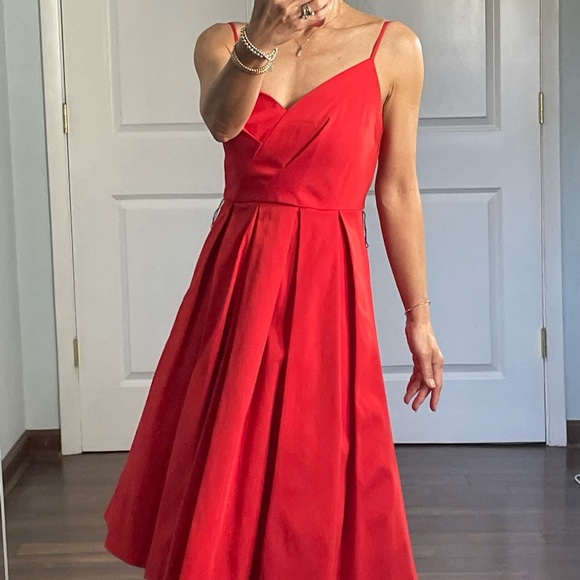J Crew Red A line V Neck Full Skirt Midi Dress 00 - Picture 5 of 10